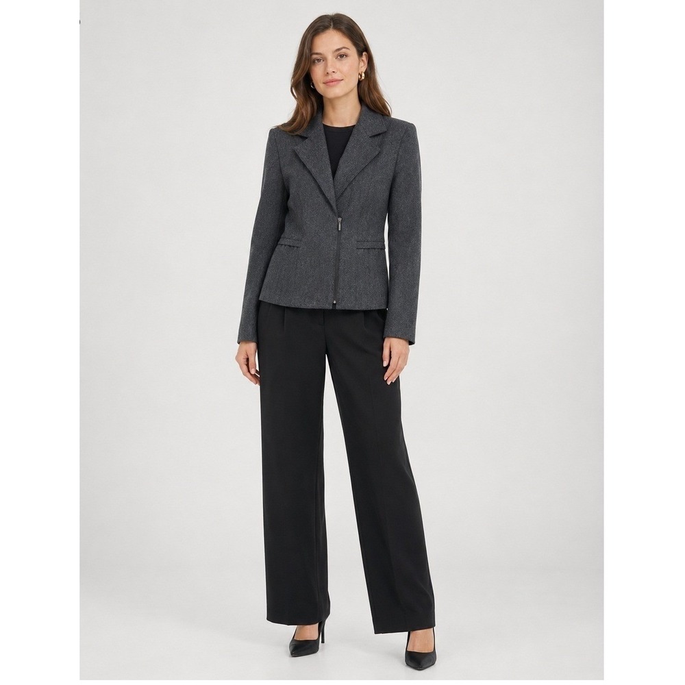 Calvin Klein Blazer Jacket Womens 8‎ Grey Wool Blend 1/2 Zip Peplum Hem